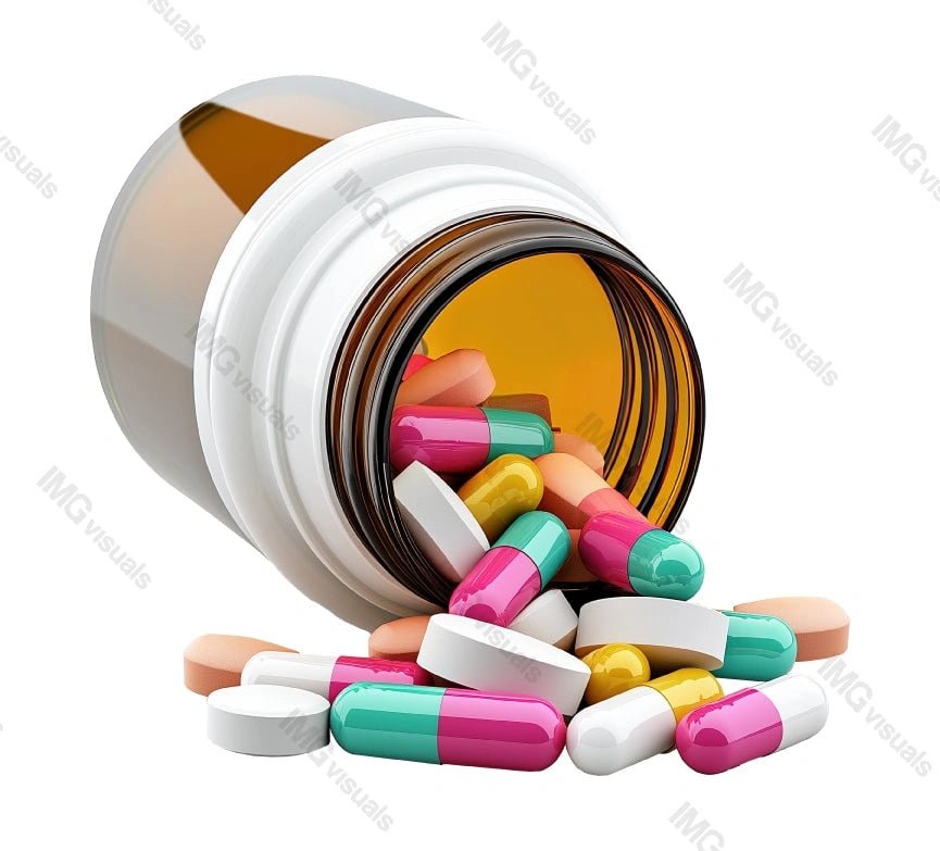 Open brown prescription bottle with colorful capsules transparent image, ai generated. Pharmaceuticals isolated cutout 3d render. Medical treatment container cut out clipart design element png