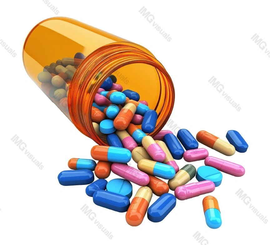 Open pill bottle with capsules spilling transparent image, ai generated. Pharmacy supply. Pharmaceuticals isolated cutout 3d render. Medical treatment container cut out clipart design element png