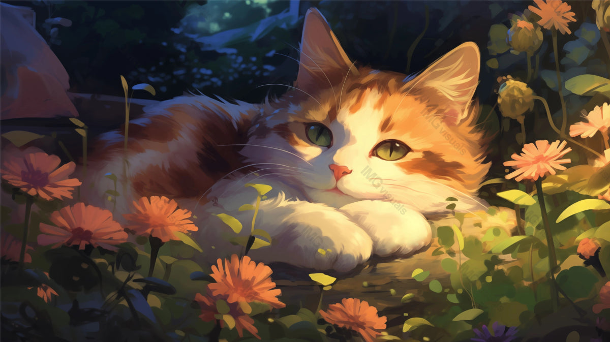 Orange cat with green eyes lies among daisies ai generated 2D cartoon illustration. Evening blooms kitten lofi wallpaper background lo-fi art. Peaceful cat, calm kitty flat image cozy chill vibe