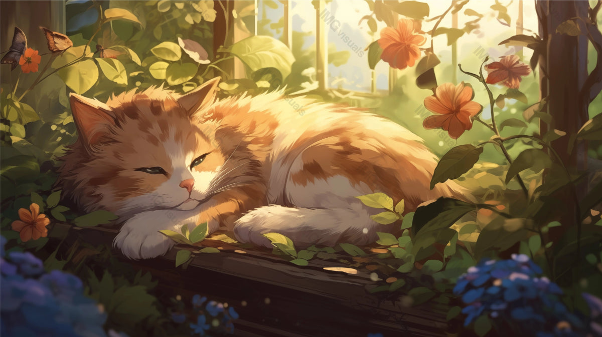 Orange tabby cat lounges on sunlit windowsill ai generated 2D cartoon illustration. Garden butterflies and blossoms kitten lofi wallpaper background lo-fi art. Peaceful nap flat image cozy chill vibe