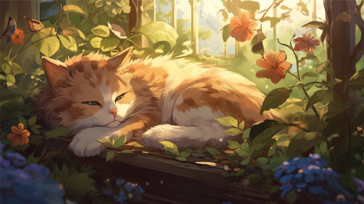 Orange tabby cat lounges on sunlit windowsill ai generated 2D cartoon illustration. Garden butterflies and blossoms kitten lofi wallpaper background lo-fi art. Peaceful nap flat image cozy chill vibe