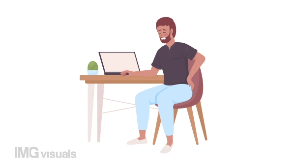 Animated office syndrome character. Sitting worker with back pain. Full body flat person on white background with alpha channel transparency. Colorful cartoon style HD video footage for animation