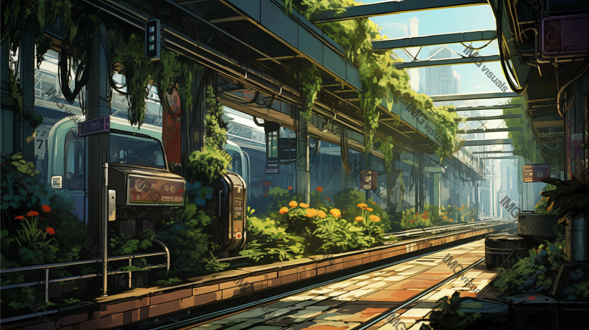 Overgrown train station with lush greenery ai generated 2D cartoon illustration. Green infrastructure. Urban nature lofi wallpaper background lo-fi art. Soft daylight ambiance flat image chill vibe