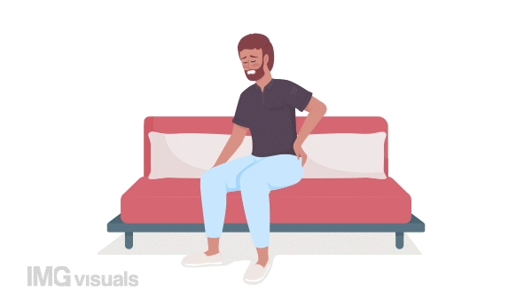 Animated male character with pain. Spine problems. Sharp backache. Full body flat person on white background with alpha channel transparency. Colorful cartoon style HD video footage for animation