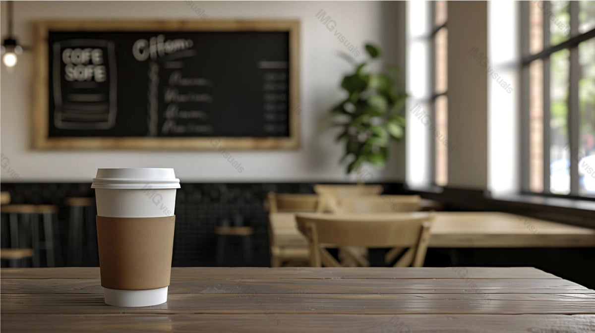 Paper coffee cup mockup on wooden table in bright and airy cafe, ai generated. Coffeeshop comfortable ambiance. Coffeecup template advertising image. Takeout disposable mock up product photorealistic