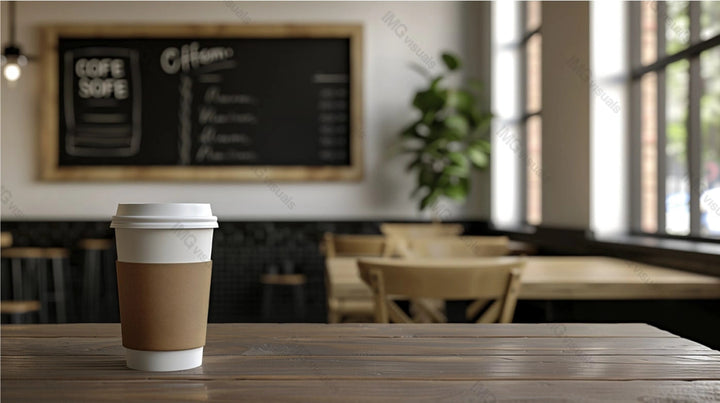 Paper coffee cup mockup on wooden table in bright and airy cafe, ai generated. Coffeeshop comfortable ambiance. Coffeecup template advertising image. Takeout disposable mock up product photorealistic