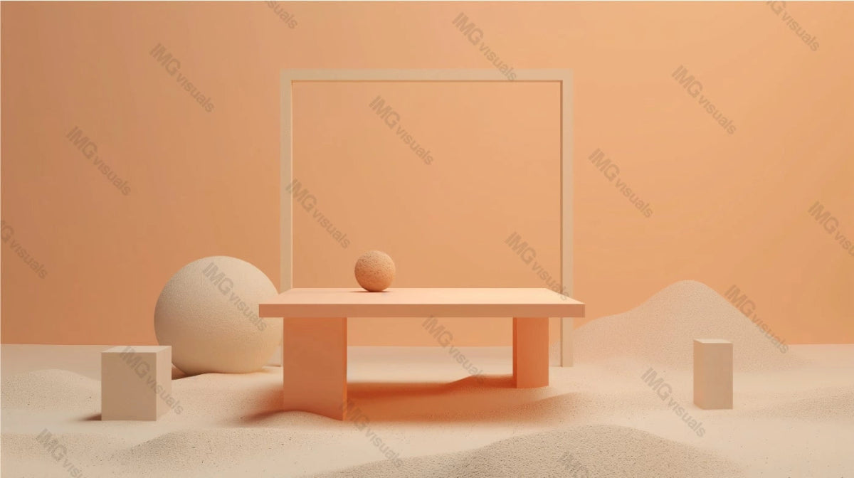 Pastel orange table pedestal podium mockup in peach toned room, ai generated. Square frame. Spheres and cubes on sandy floor. Empty showcase background. Branding presentation product display design