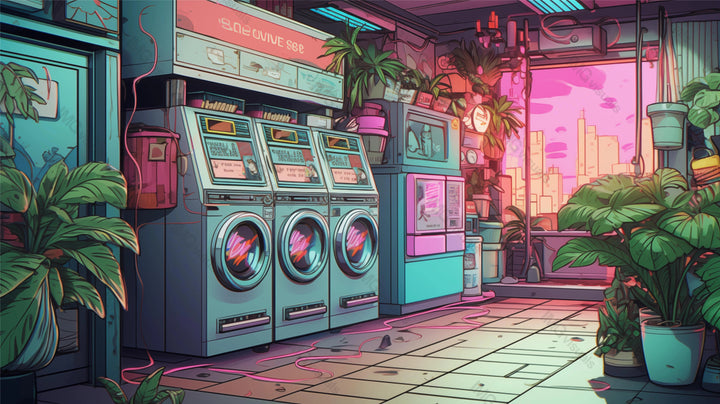 Peaceful laundromat with potted plants ai generated 2D cartoon illustration. Pink mint hues laundry room lofi wallpaper background lo-fi art. Window sunset urban landscape flat image cozy chill vibe