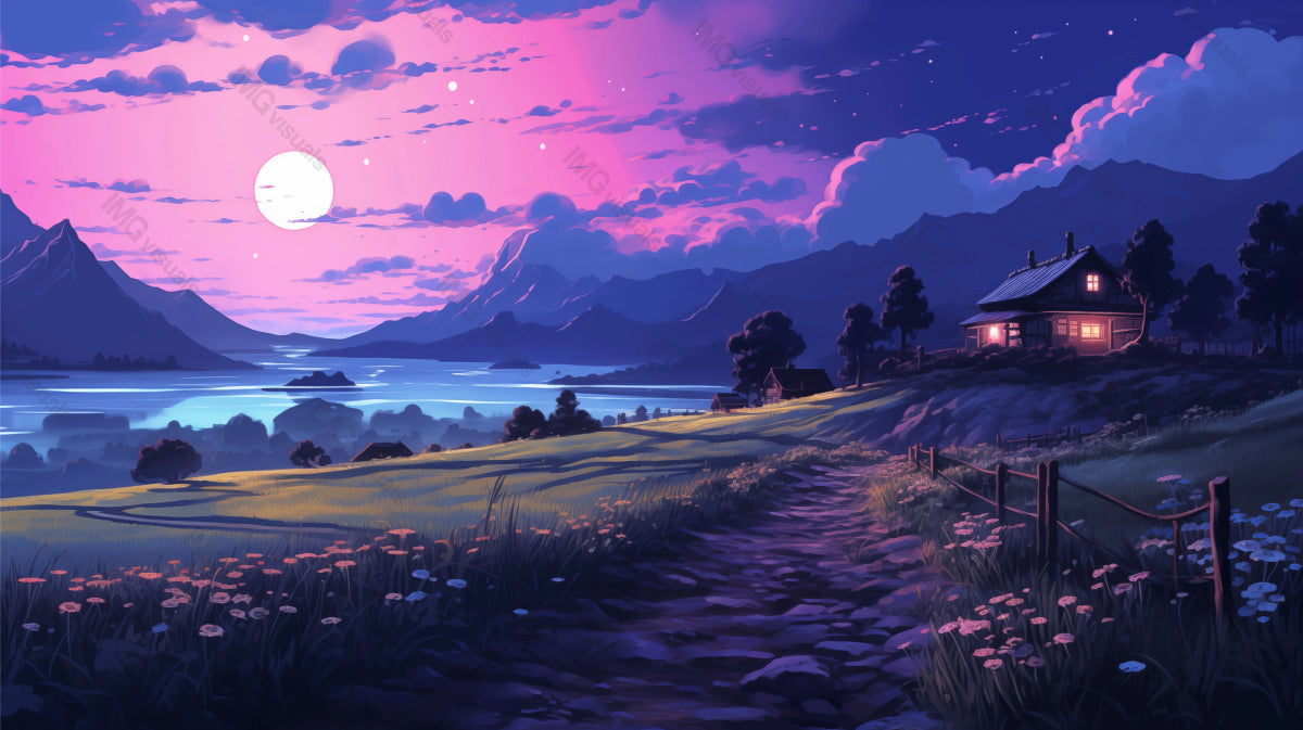 Pink blue twilight above solitary cottage lakeside mountains ai generated 2D cartoon illustration. Countryside retreat lofi wallpaper background lo-fi art. Rural solitude flat image cozy chill vibe