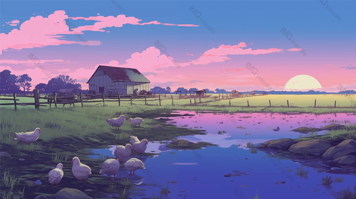 Pink sunset over peaceful countryside ai generated 2D cartoon illustration. Ducks wading in pond by farm lofi wallpaper background lo-fi art. Waterfowl habitat farmland flat image cozy chill vibe