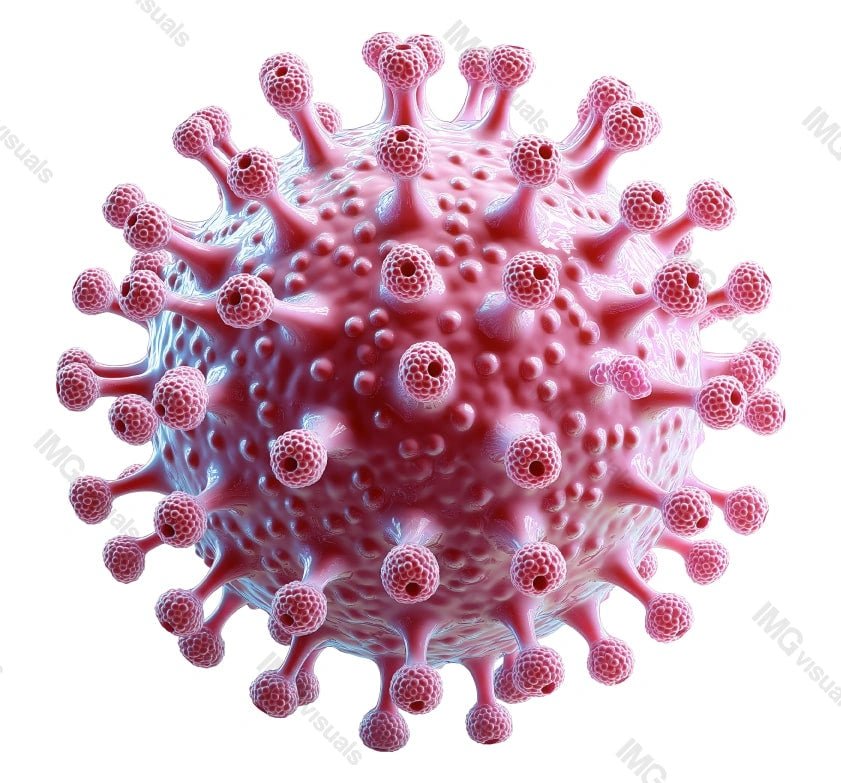 Pink virus with spike proteins infection spread transparent image, ai generated. Scientific visualization isolated cutout 3d render. Immune defense pathogen cut out clipart design element png