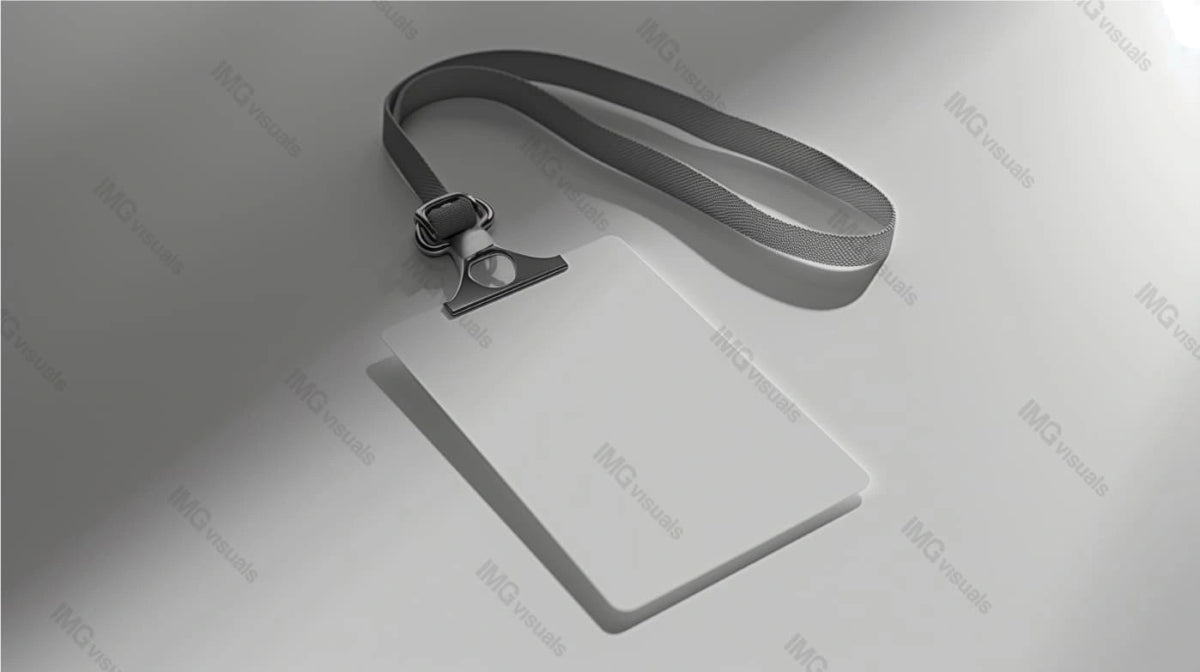 Plastic ID badge mockup with grey lanyard holder placed on white surface, ai generated
