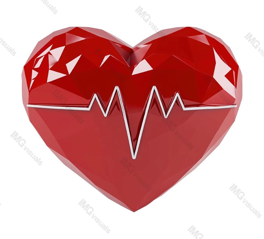 Polygonal red heart with ECG heartbeat line transparent image, ai generated. Cardiology medicine pulse monitoring isolated cutout 3d render. Cardiovascular health cut out clipart design element png