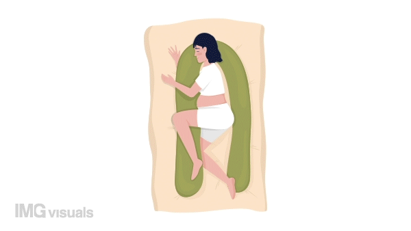 Animated pregnant female character. Sleeping with pregnancy pillow. Full body flat person on white background with alpha channel transparency. Colorful cartoon style HD video footage for animation