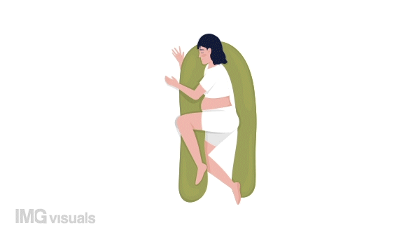 Animated lady with pregnancy pillow. Sleeping character. Comfort rest. Full body flat person on white background with alpha channel transparency. Colorful cartoon style HD video footage for animation
