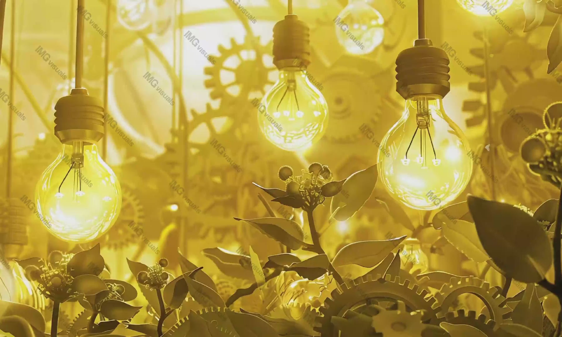 Artistic installation of light bulbs and mechanical gears video animation, ai generated. Leaves lightbulbs animated footage HD clip seamless motion graphics. Fusion of nature with technology concept