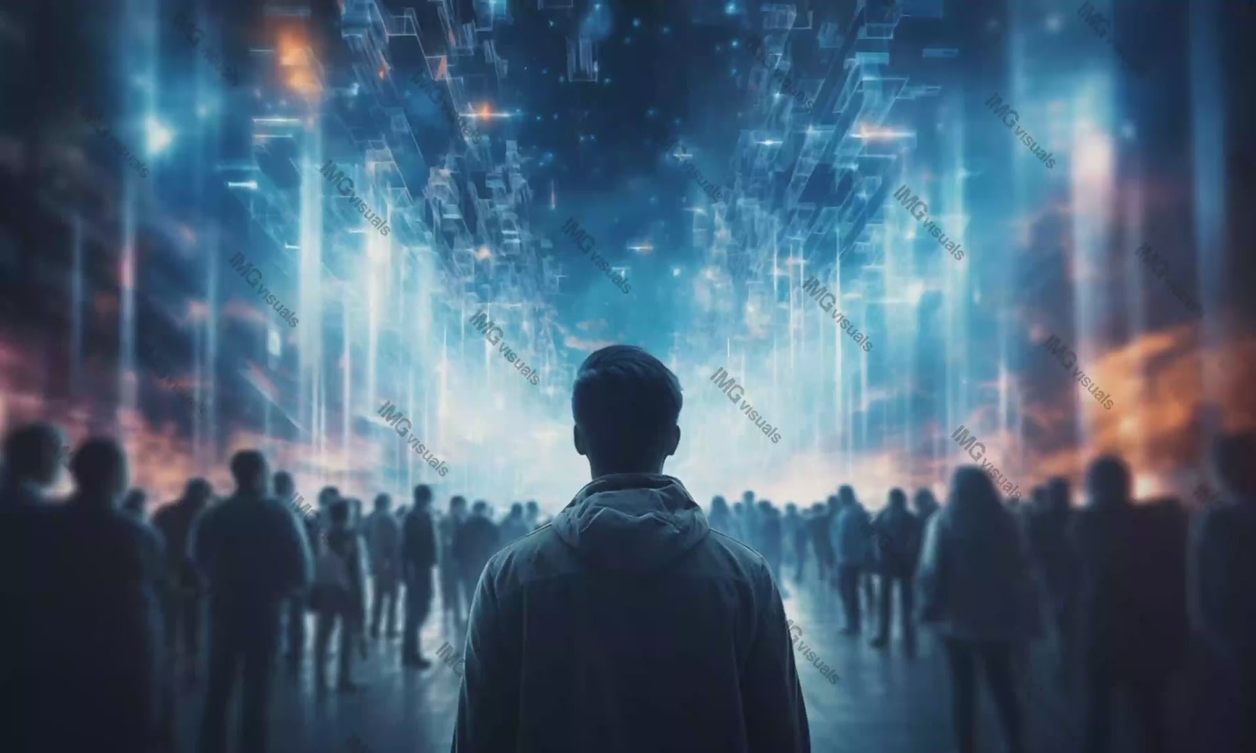 Silhouetted figures under glowing futuristic sky video animation, ai generated. Man in foreground gazing upwards animated footage HD clip seamless motion graphics. Light tech virtual reality concept