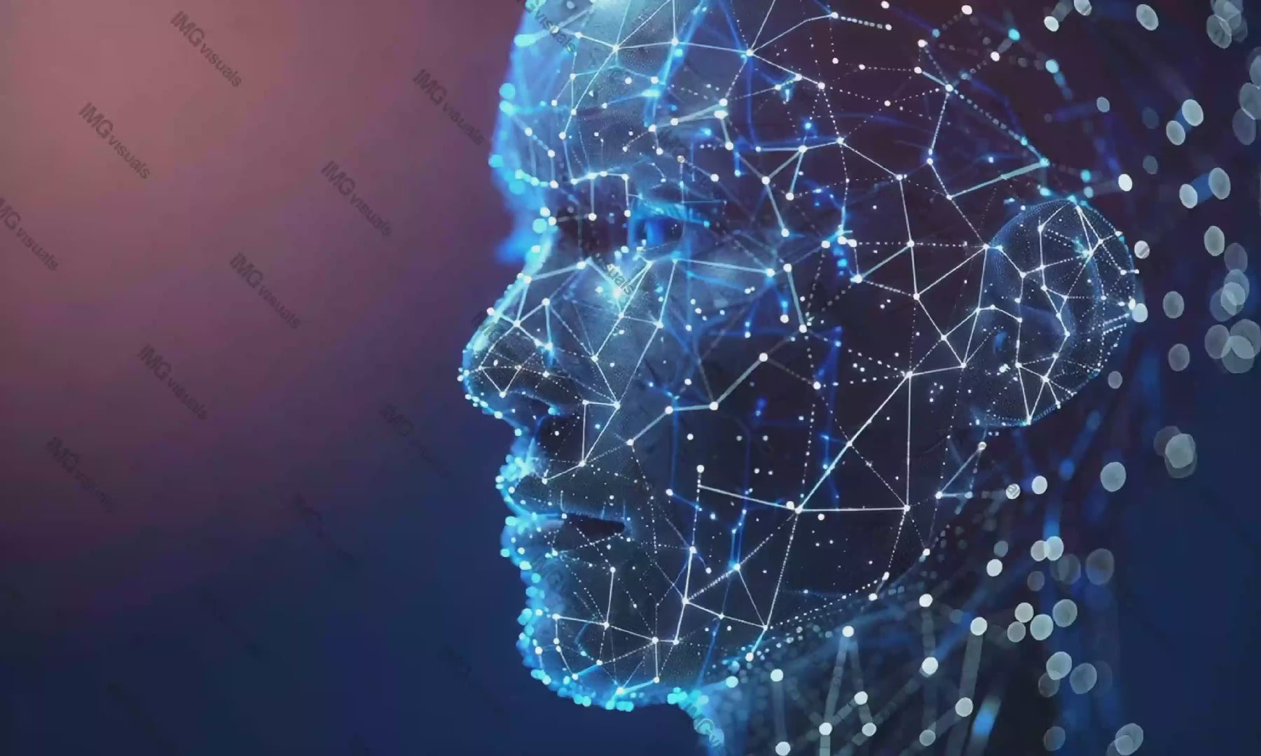 Digital abstract representation of human head video animation, ai generated. Face of interconnected blue dots and lines animated footage HD clip seamless motion graphics. Data visualization concept