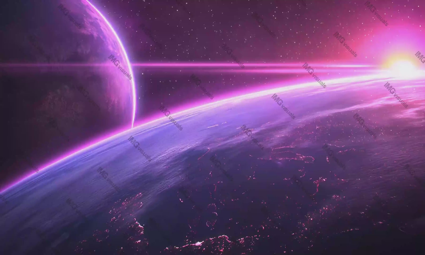 Breathtaking cosmic sunrise bathes Earth in vibrant purple hues video animation, ai generated. Glowing light beams illuminating planet animated footage HD clip motion graphics. Outerspace concept