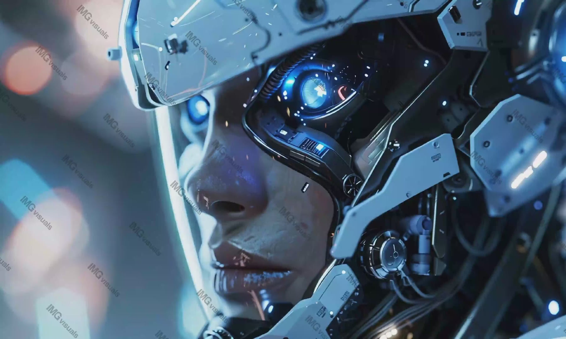 Female humanoid robot with blue eyes video animation, ai generated. Advanced robotics animated footage HD clip seamless motion graphics. Artificial woman futuristic. Mechanical sophistication concept