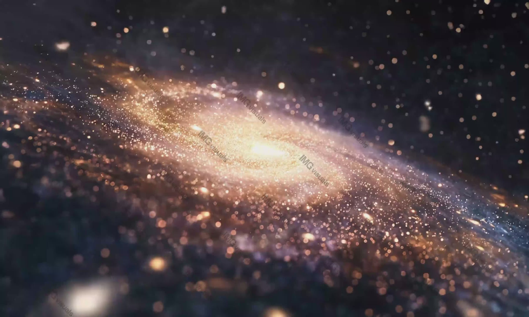 Shimmering spiral galaxy glowing with golden light video animation, ai generated. Sparkling stars, cosmic particles nebula animated footage HD clip seamless motion graphics. Outerspace concept