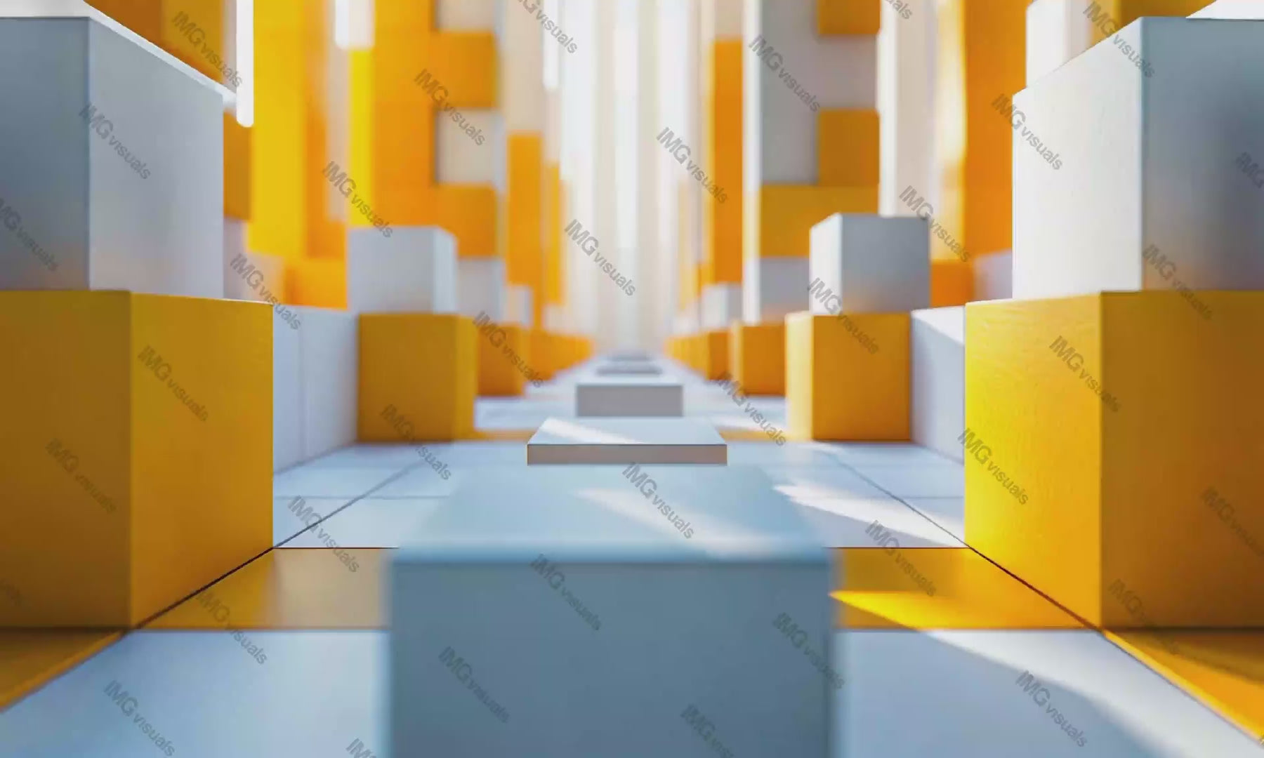 Minimalist geometric labyrinth with yellow and white blocks video animation, ai generated. Structural abstract cubes animated footage HD clip seamless motion graphics. Artistic architectural concept