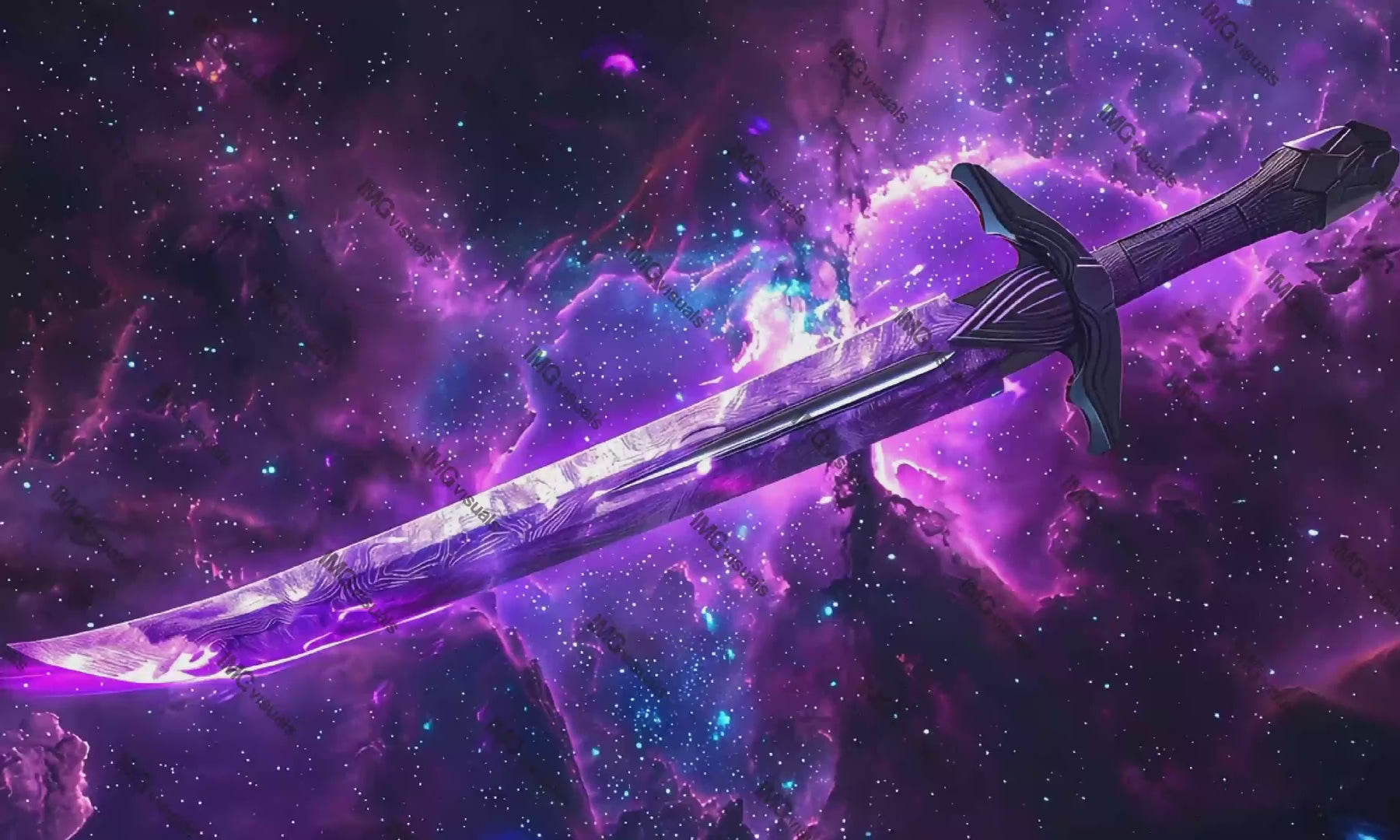 Mystical sword floats in vibrant cosmic space video animation, ai generated. Purple and pink nebulae, blue stars animated footage HD clip seamless motion graphics. Fantasy blade. Futuristic concept