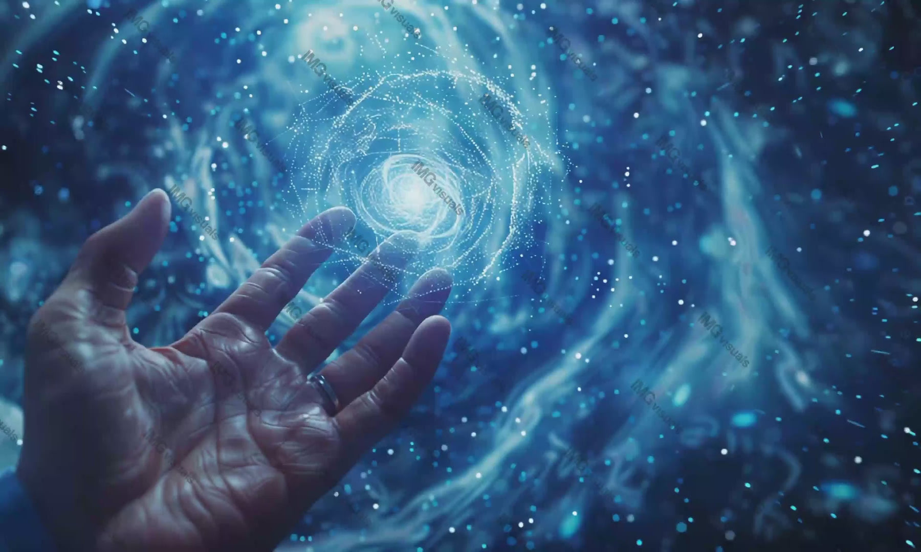Hand conjures swirling galaxy of light video animation, ai generated. Blue swirls palm animated footage HD clip seamless motion graphics. Abstract cosmos. Cosmic energy manipulation concept