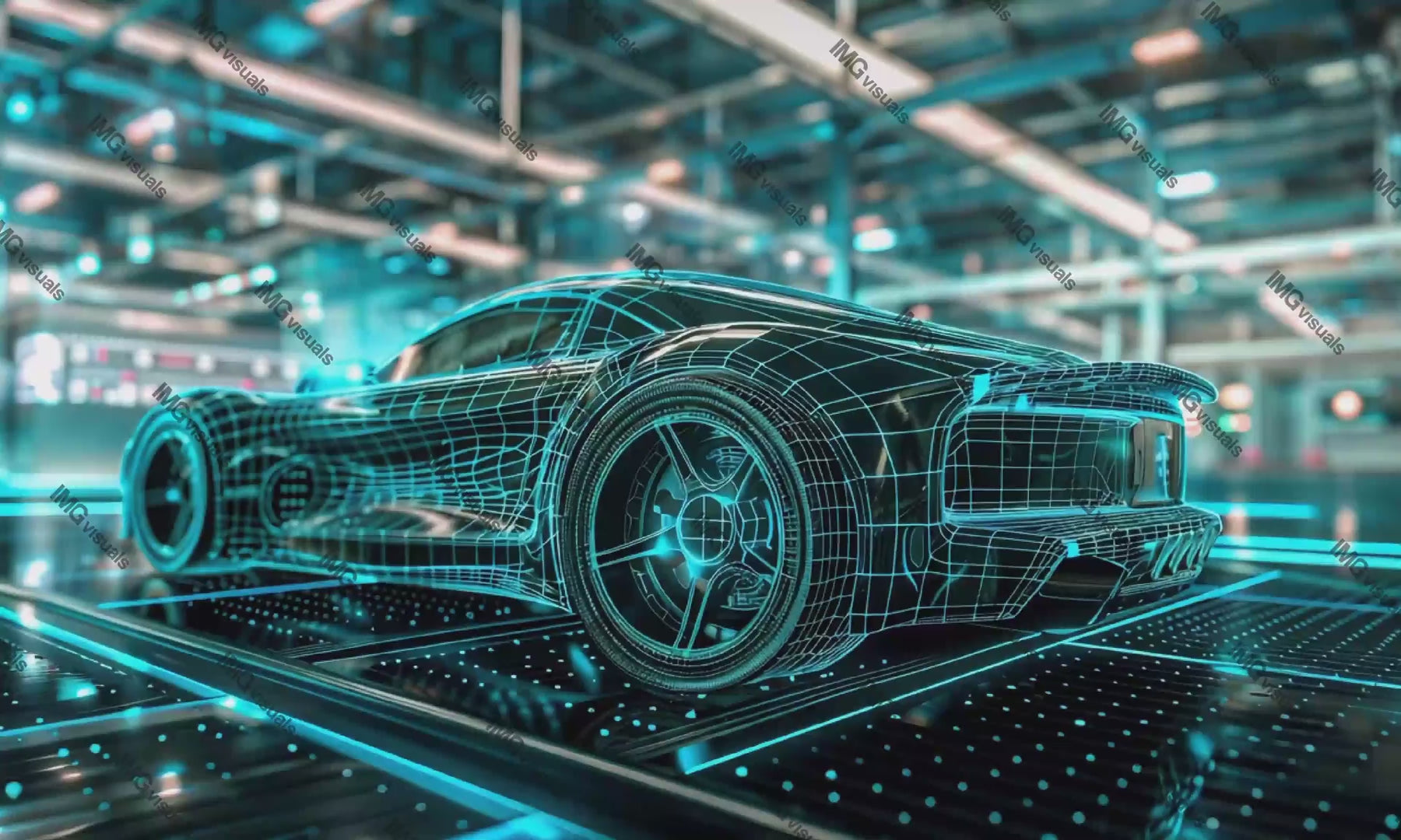 Sports car wireframe vehicle rotation video animation, ai generated. Advanced automotive engineering innovation animated footage HD clip seamless motion graphics. Futuristic data visualization concept