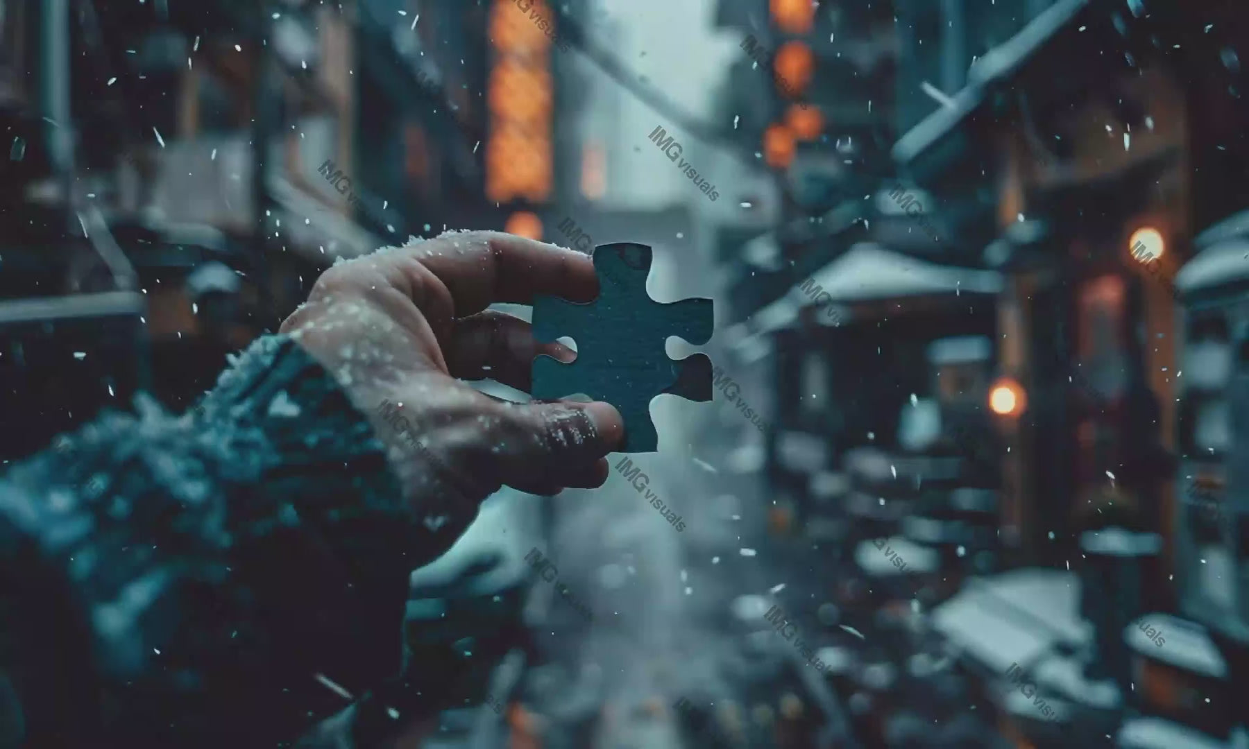 Hand holding puzzle piece against snowy urban video animation, ai generated. Poetic winter scene. Searching clue animated footage HD clip motion graphics. Fitting piece. Individual challenge concept