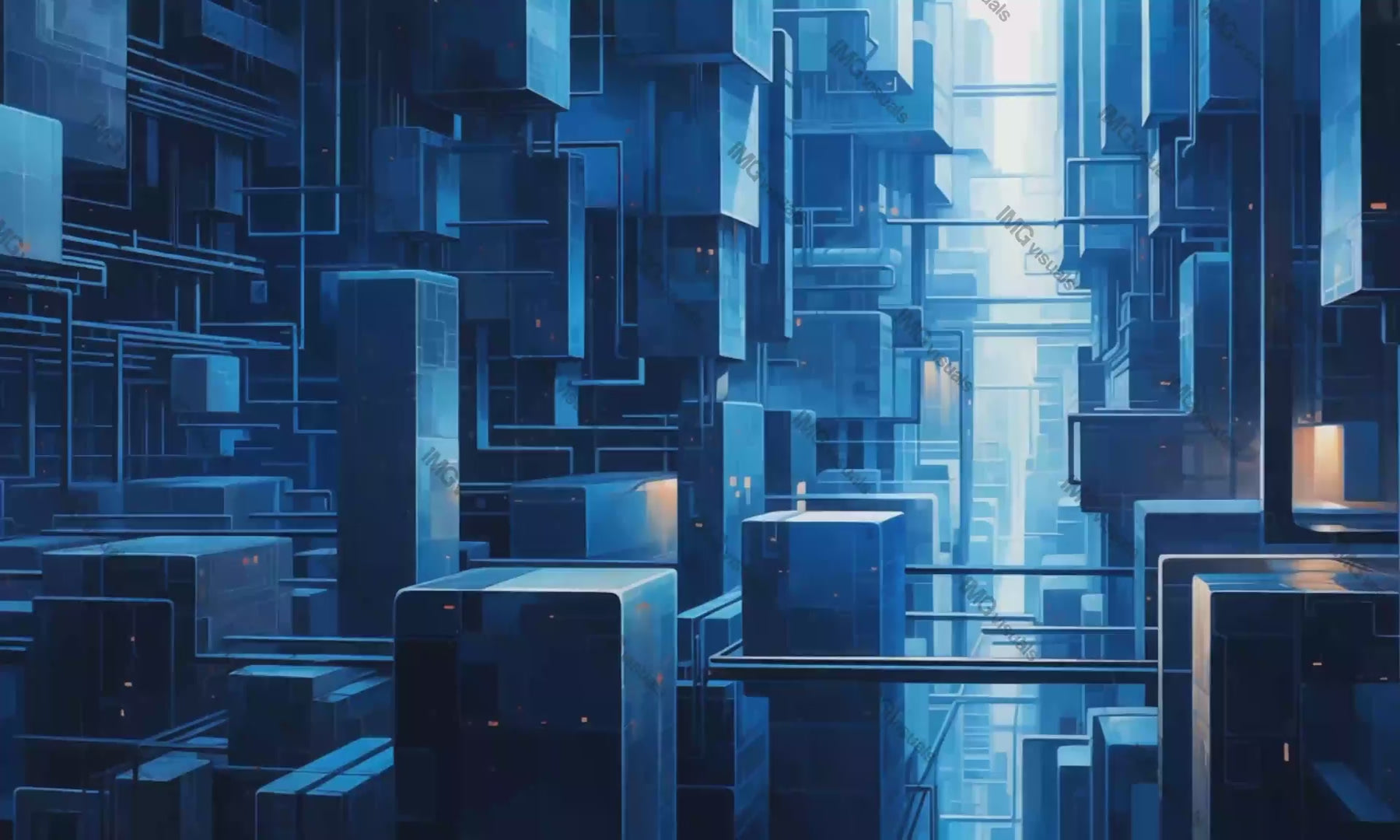 Blueprints overlaying cityscape skyscrapers video animation, ai generated. Vibrant urban buildings bright light flare animated footage HD clip seamless motion graphics. Illuminated smart city concept