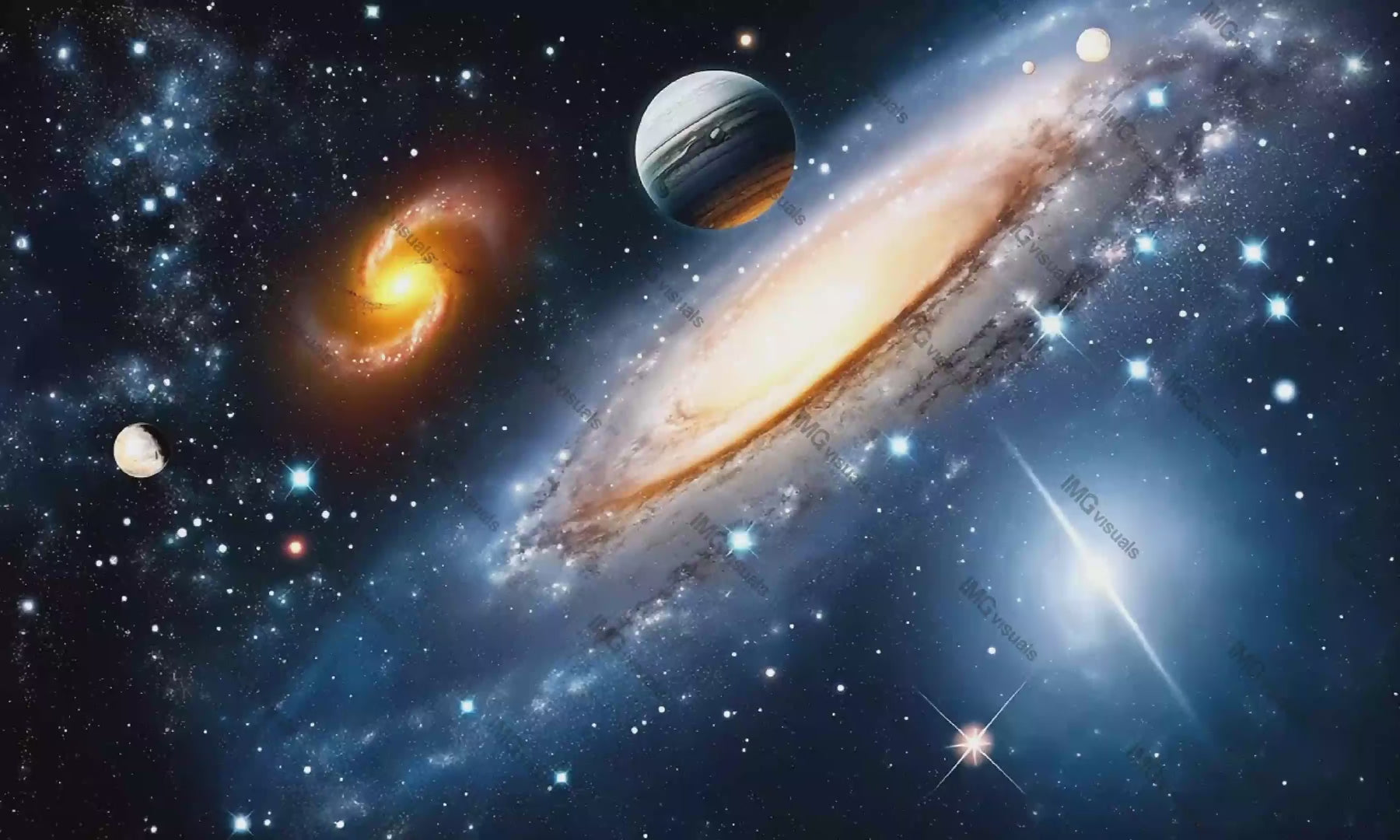 Spiral galaxy surrounded by glowing stars, planets, nebula video animation, ai generated. Bright cosmic elements and celestial sky animated footage HD clip seamless motion graphics. Outerspace concept