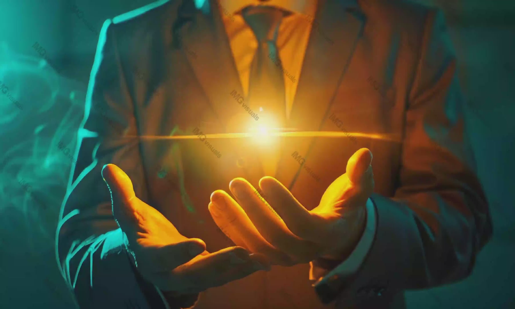 Formal wear man presents bright beam of light between hands video animation, ai generated. Visionary leader male animated footage HD clip seamless motion graphics. Business innovation concept