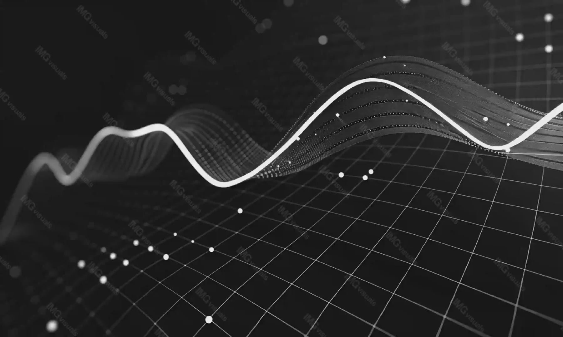 Dynamic wave pattern with white dots and grid lines video animation, ai generated. Abstract grayscale digital landscape animated footage HD clip seamless motion graphics. Data visualization concept