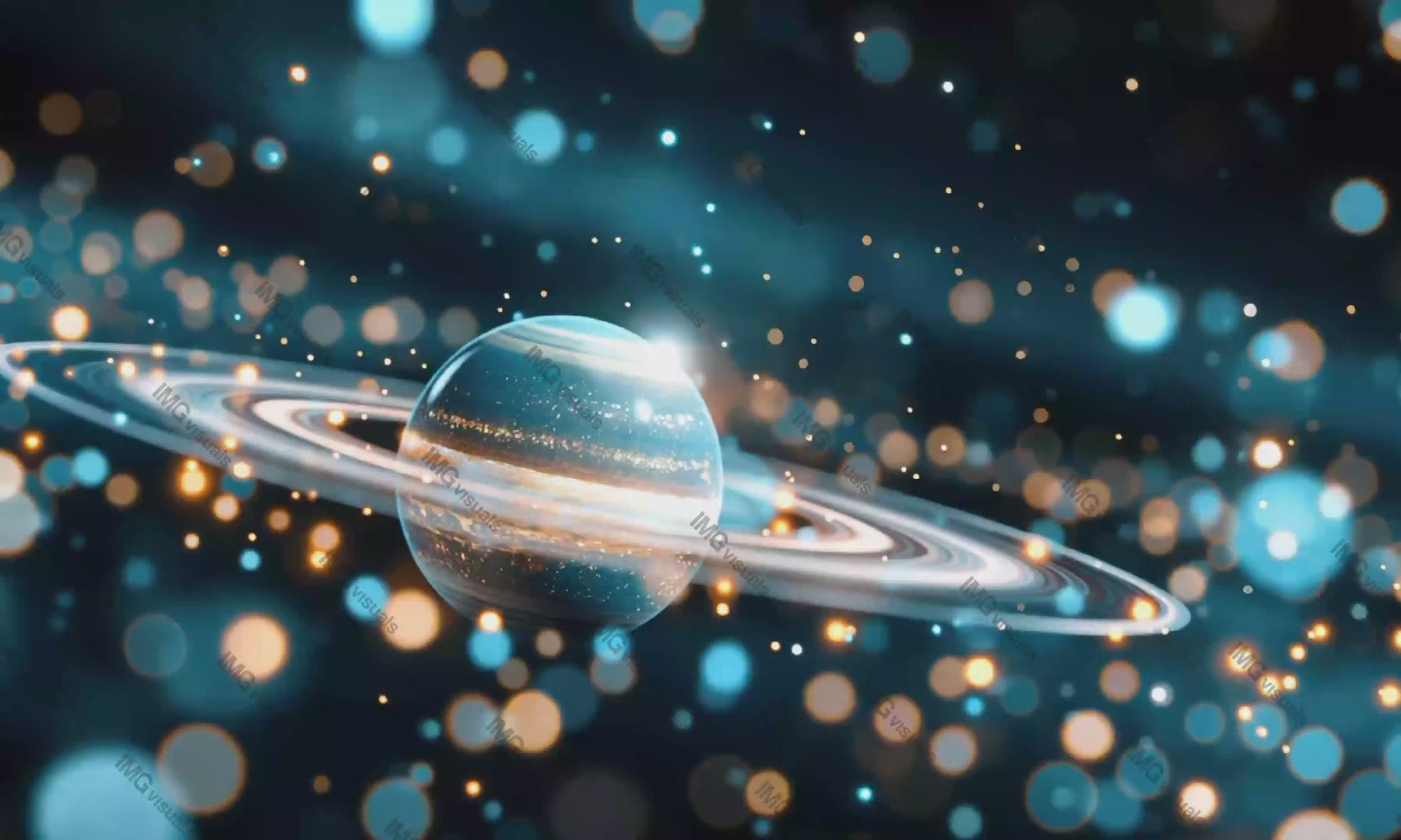 Celestial ringed planet illuminated by bokeh light effects video animation, ai generated. Starry cosmos, planetary glow. Luminous universe animated footage HD clip motion graphics. Outerspace concept