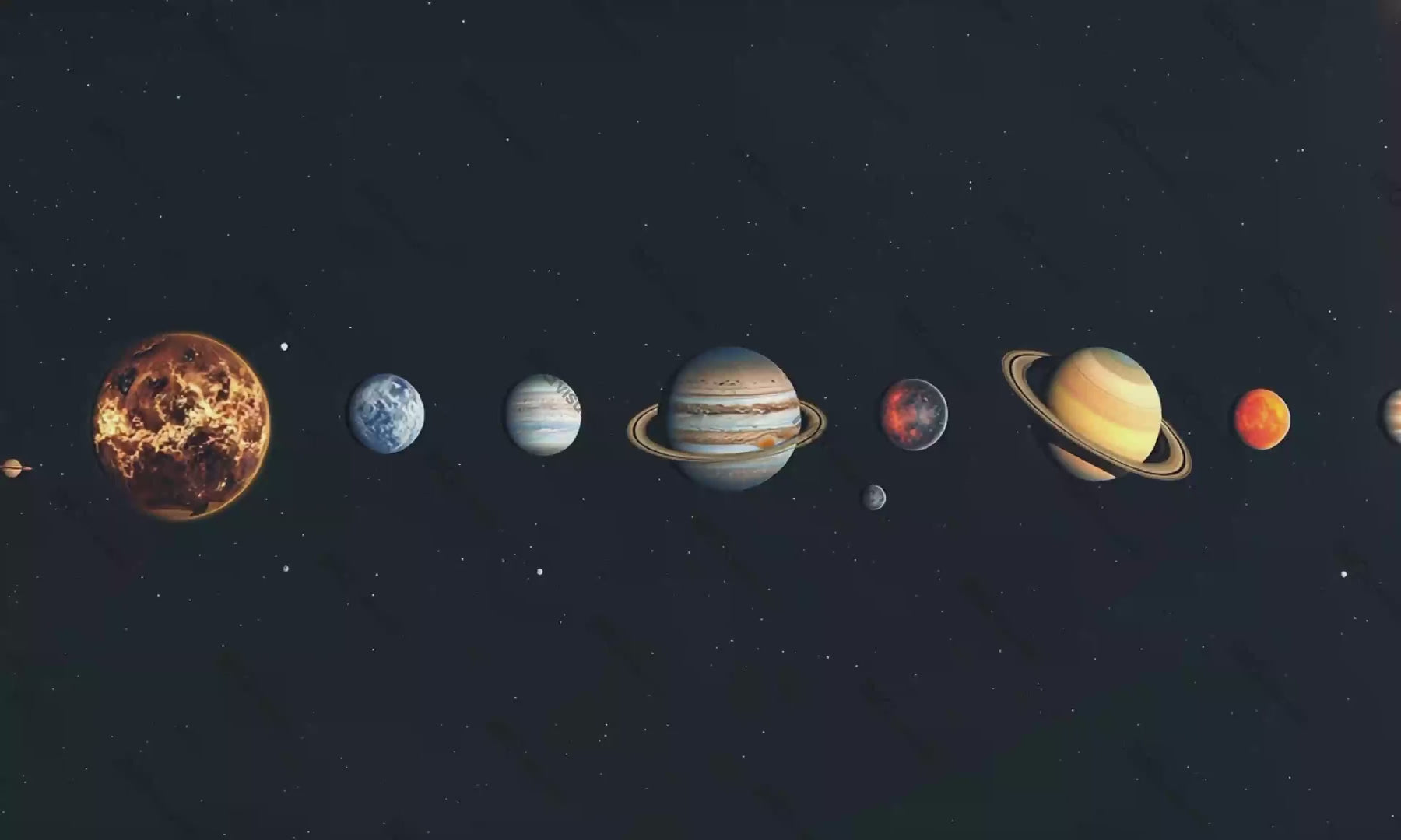Solar system planets aligned against dark starry video animation, ai generated. Planetary lineup. Celestial objects, astronomy animated footage HD clip seamless motion graphics. Outerspace concept
