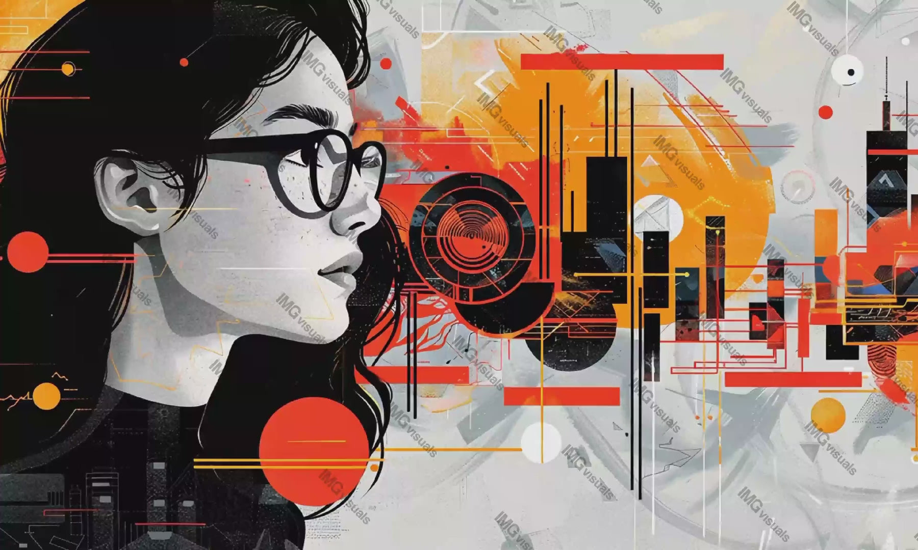 Side profile of glasses woman depicted in dynamic abstract video animation, ai generated. Cityscape elements, geometric shapes animated footage HD clip seamless motion graphics. Empowerment concept