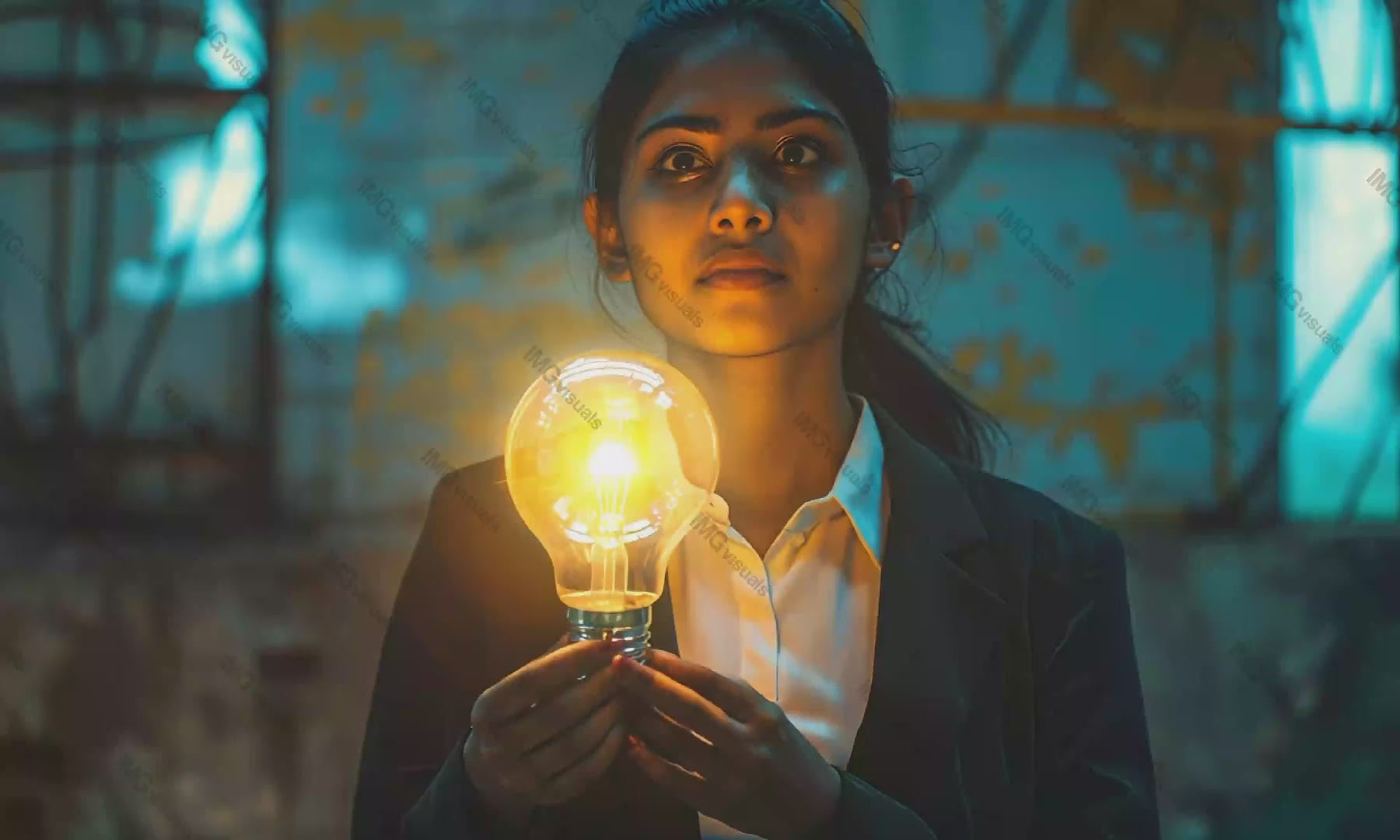 Indian woman in dark industrial setting holds light bulb video animation, ai generated. Female innovator animated footage HD clip seamless motion graphics. Startup. Corporate business concept
