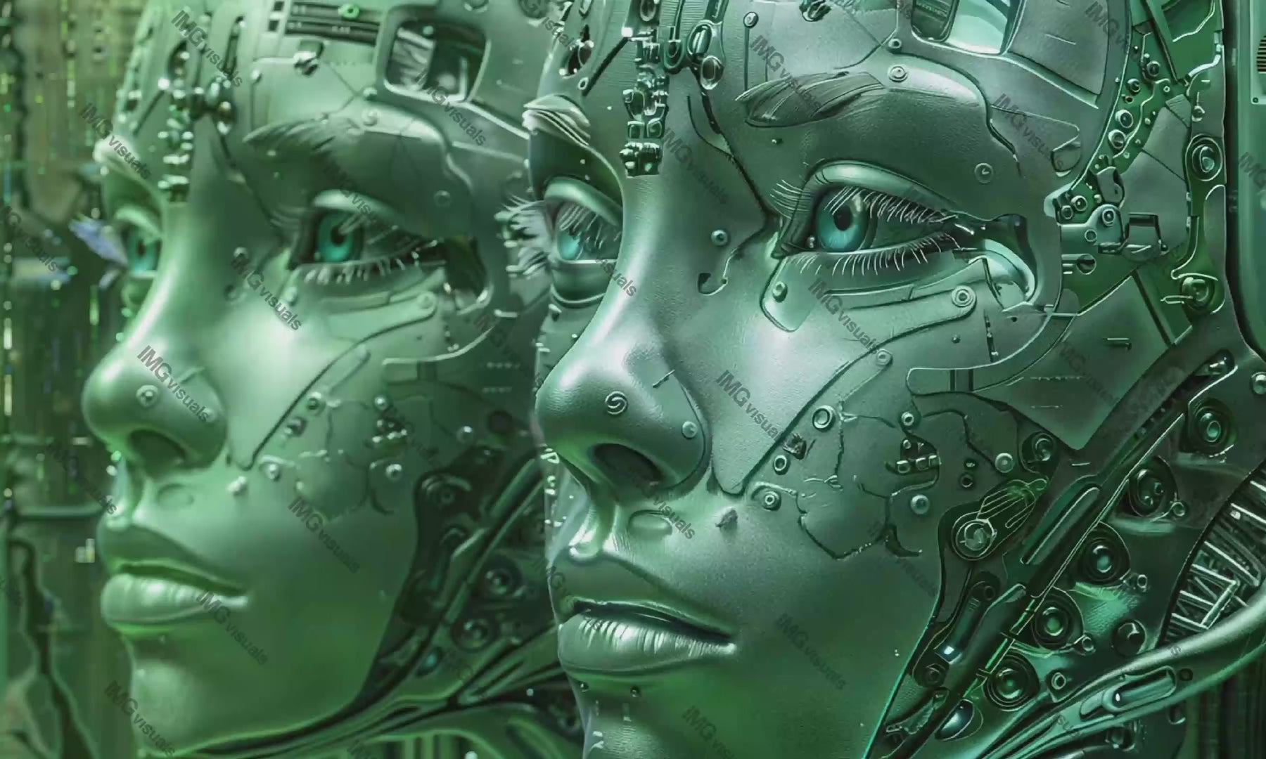 Vivid green robotic faces with complex internal mechanisms video animation, ai generated. Lifelike mechanical complexity animated footage HD clip seamless motion graphics. Future technology concept