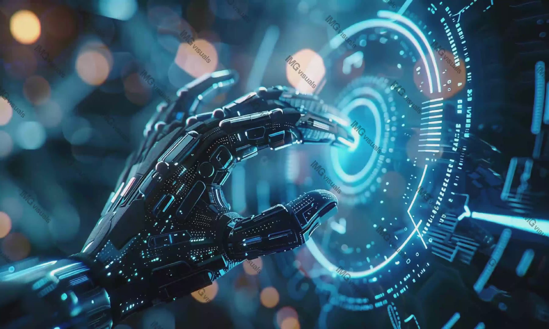 Robotic hand interacting with holographic interface video animation, ai generated. Advanced robotics touching animated footage HD clip motion graphics. Digital technology in futuristic concept