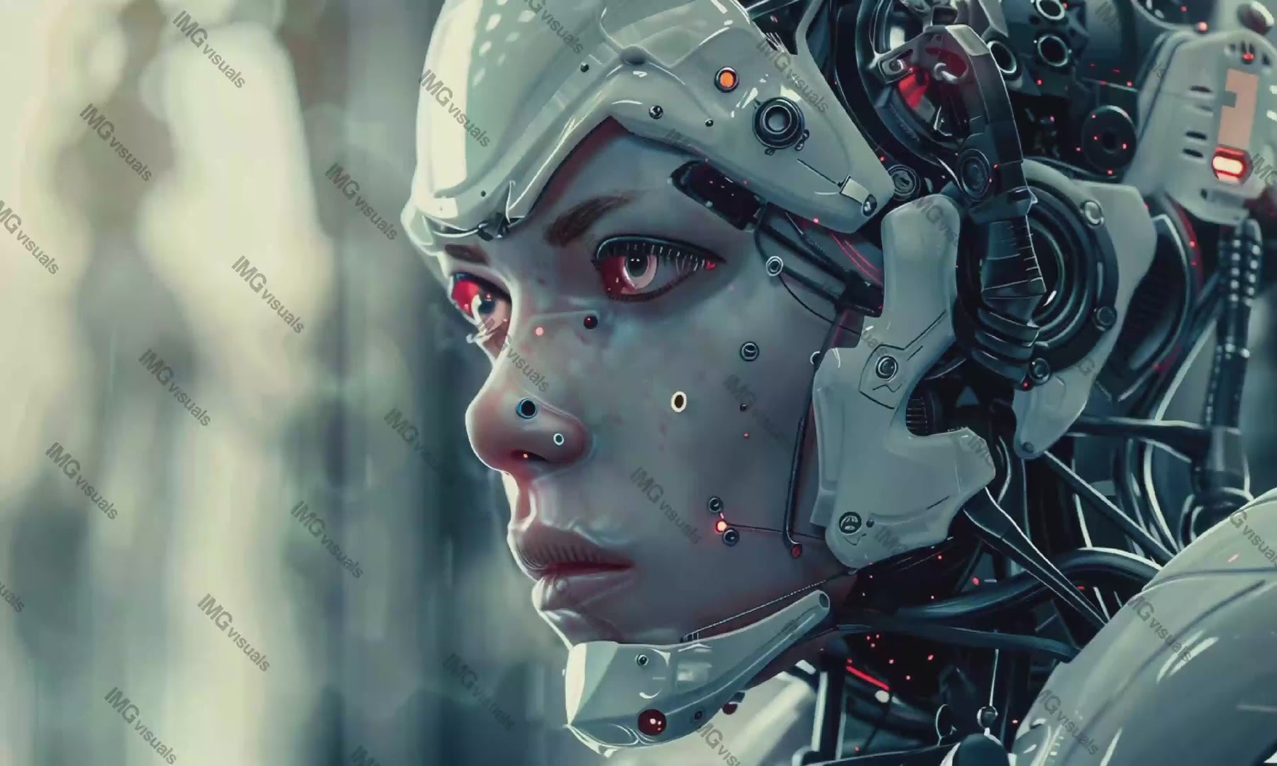 Realistic portrayal of female android face video animation, ai generated. Head with exposed internal mechanics animated footage HD clip seamless motion graphics. Technological complexity concept