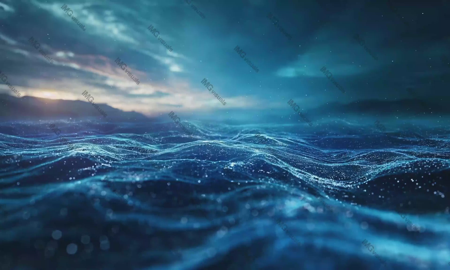 Digital ocean waves at evening sunset 3d rendering video animation, ai generated. Serene nightfall sea. Digital seascape animated footage HD clip seamless motion graphics. Artistic oceanscape concept
