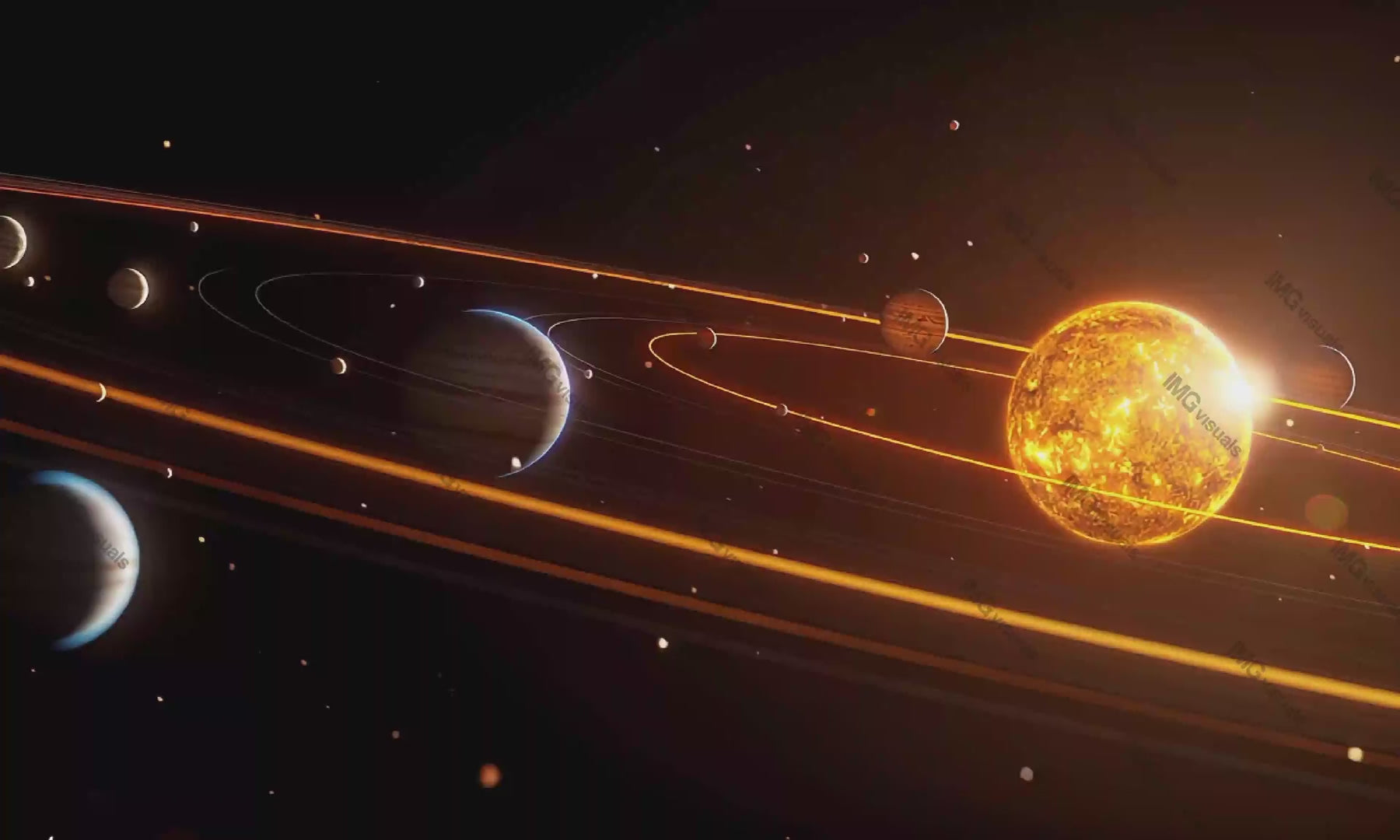 Solar system dynamics video animation, ai generated. Glowing planets in orbit around radiant sun animated footage HD clip motion graphics. Astronomy scene. Celestial science. Outerspace concept