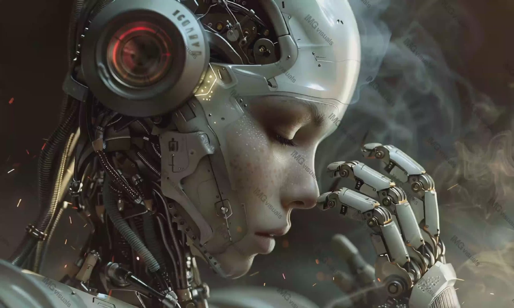 Eerie female robot with glowing red eyes video animation, ai generated. Robotic menacing woman animated footage HD clip seamless motion graphics. Mysterious smoky. Cybernetic aesthetics concept