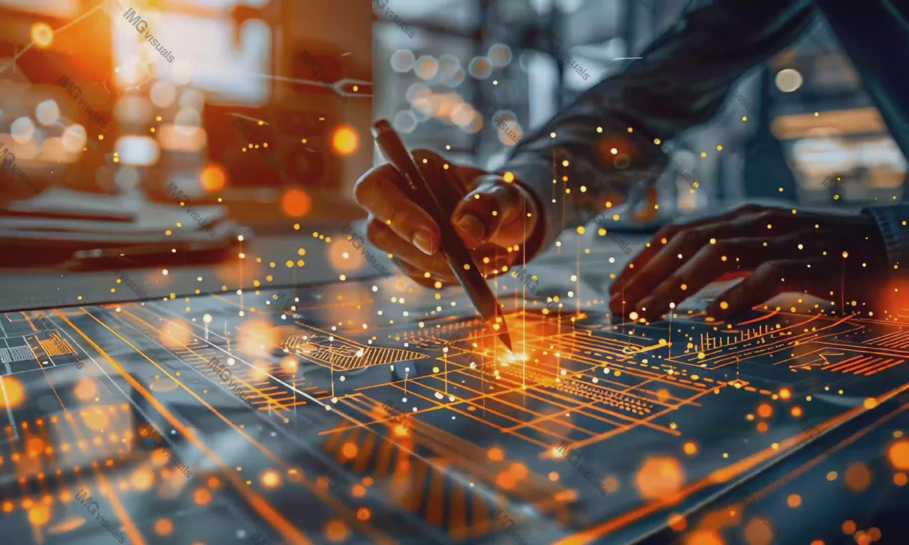 Man using digital stylus to draw on futuristic touch screen video animation, ai generated. High-tech interface. Glowing orange particles animated footage HD clip motion. Data visualization concept