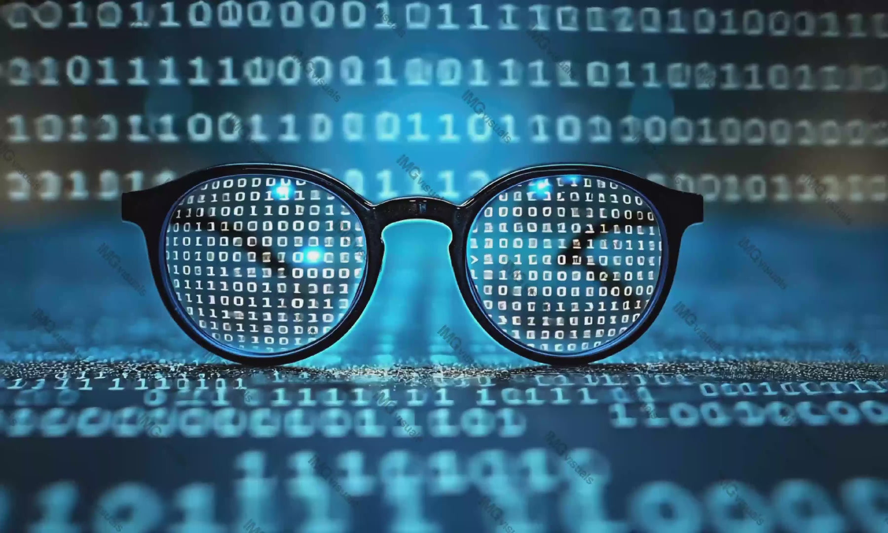 Eyeglasses reflecting binary code in blue-lit environment video animation, ai generated. Information technology. Glasses animated footage HD clip seamless motion graphics. Data visualization concept