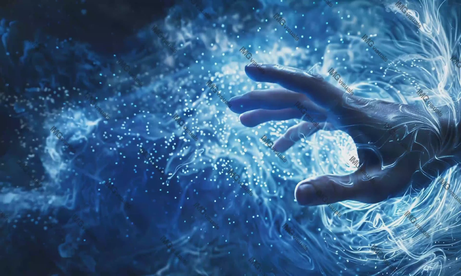 Hand reaching into swirling vortex of blue light particles video animation, ai generated. Cosmic energy animated footage HD clip seamless motion graphics. Magic, technological control concept