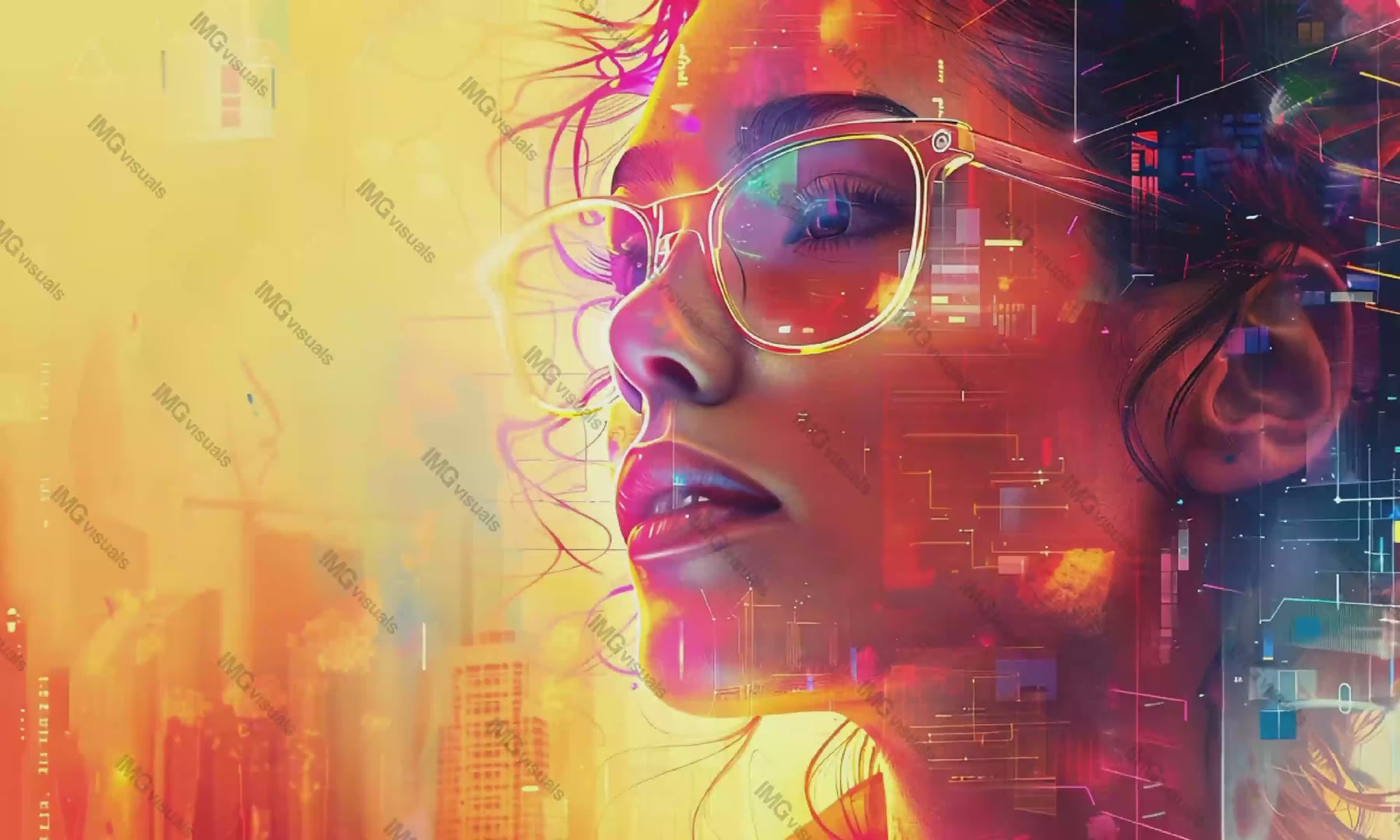 Abstract digital portrait woman in glasses video animation, ai generated. Double exposure city futuristic female animated footage HD clip seamless motion graphics. Empowerment modern cityscape concept