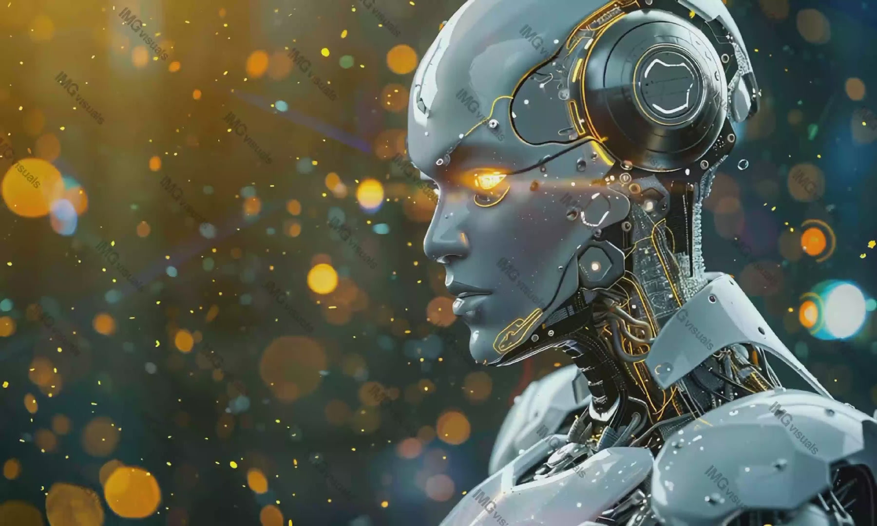 Futuristic portrait of robot with humanoid face video animation, ai generated. Sparkling backdrop. Robotic glowing eyes animated footage HD clip seamless motion graphics. Science fiction concept