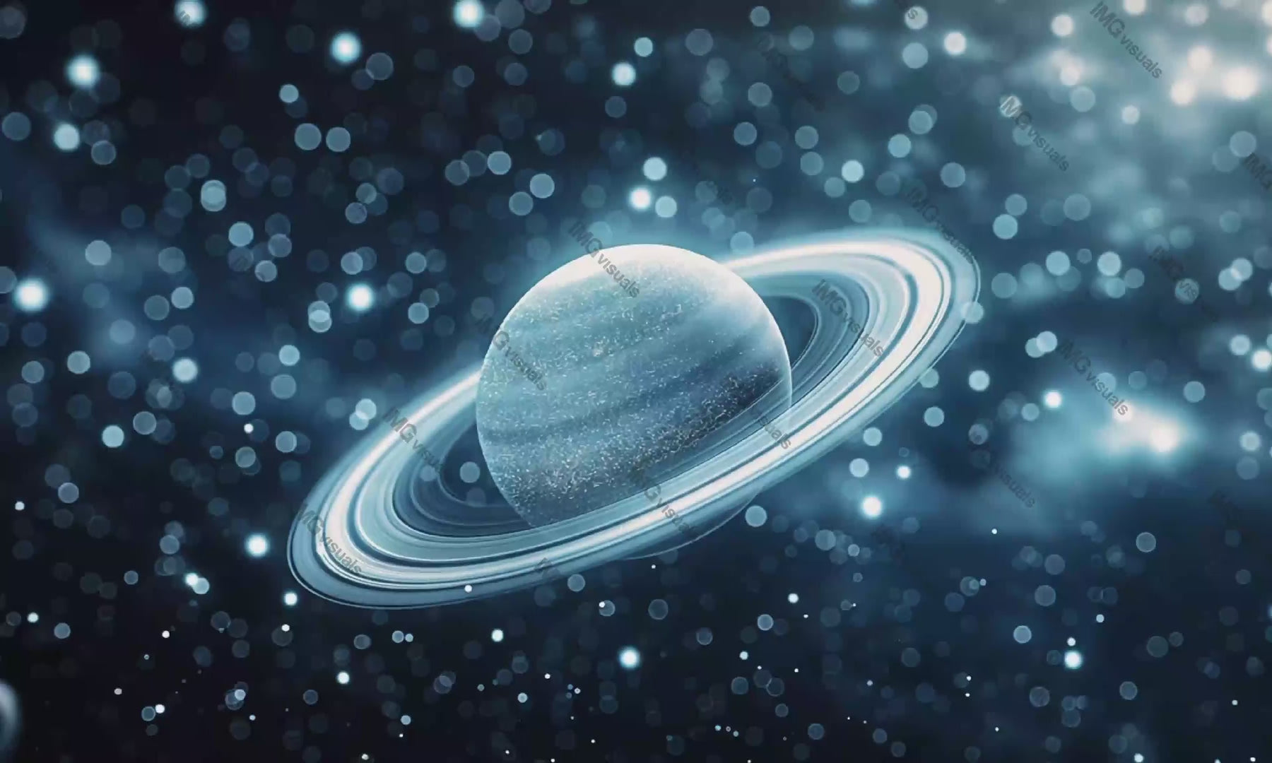 Mesmerizing icy ringed planet in starry blue bokeh video animation, ai generated. Space phenomena. Universe wonder. Frosty celestial animated footage HD clip motion graphics. Outerspace concept